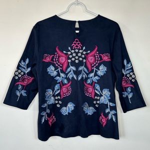 ZARA Floral Embroidered Faux Suede Top L Navy Boho Size M